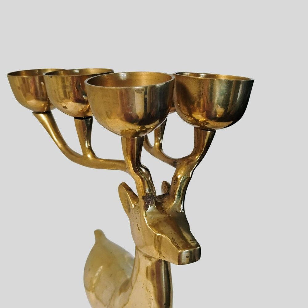 Vintage Brass Deer Candleholder, Reindeer Candelabra, 14" Mantel Stag Figurine - Picture 10 of 11